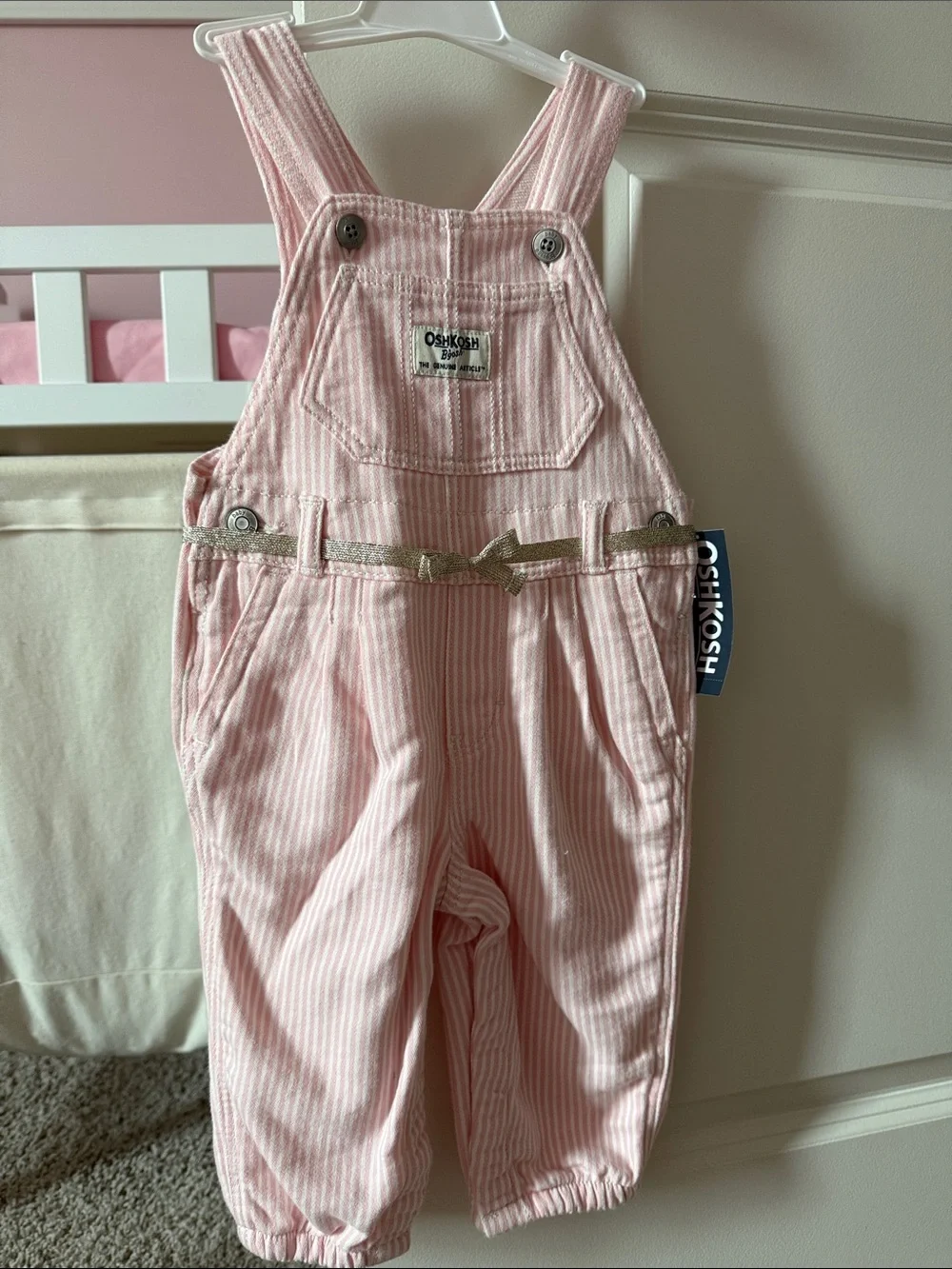 OshKosh B'gosh Light Pink Striped Overalls with Sparkly Bow